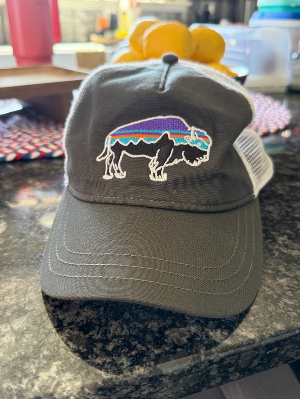 Patagonia hat in grey, white, and a blue  adjustable snapback closure